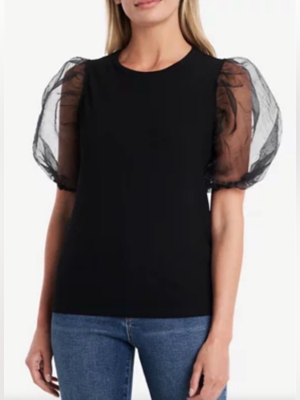 1.STATE Black Organza Puff Sleeve Top Size Small Sheer Statement Sleeves